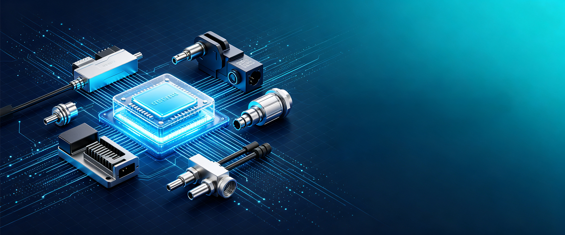 Automotive electronic connectors and a control chip on a circuit board background