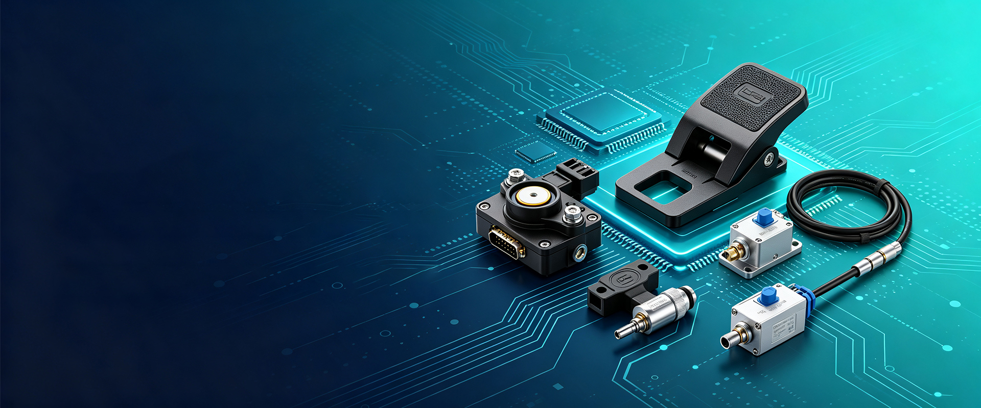 Product family of pedal assemblies, sensors and connectors arranged on a circuit board background