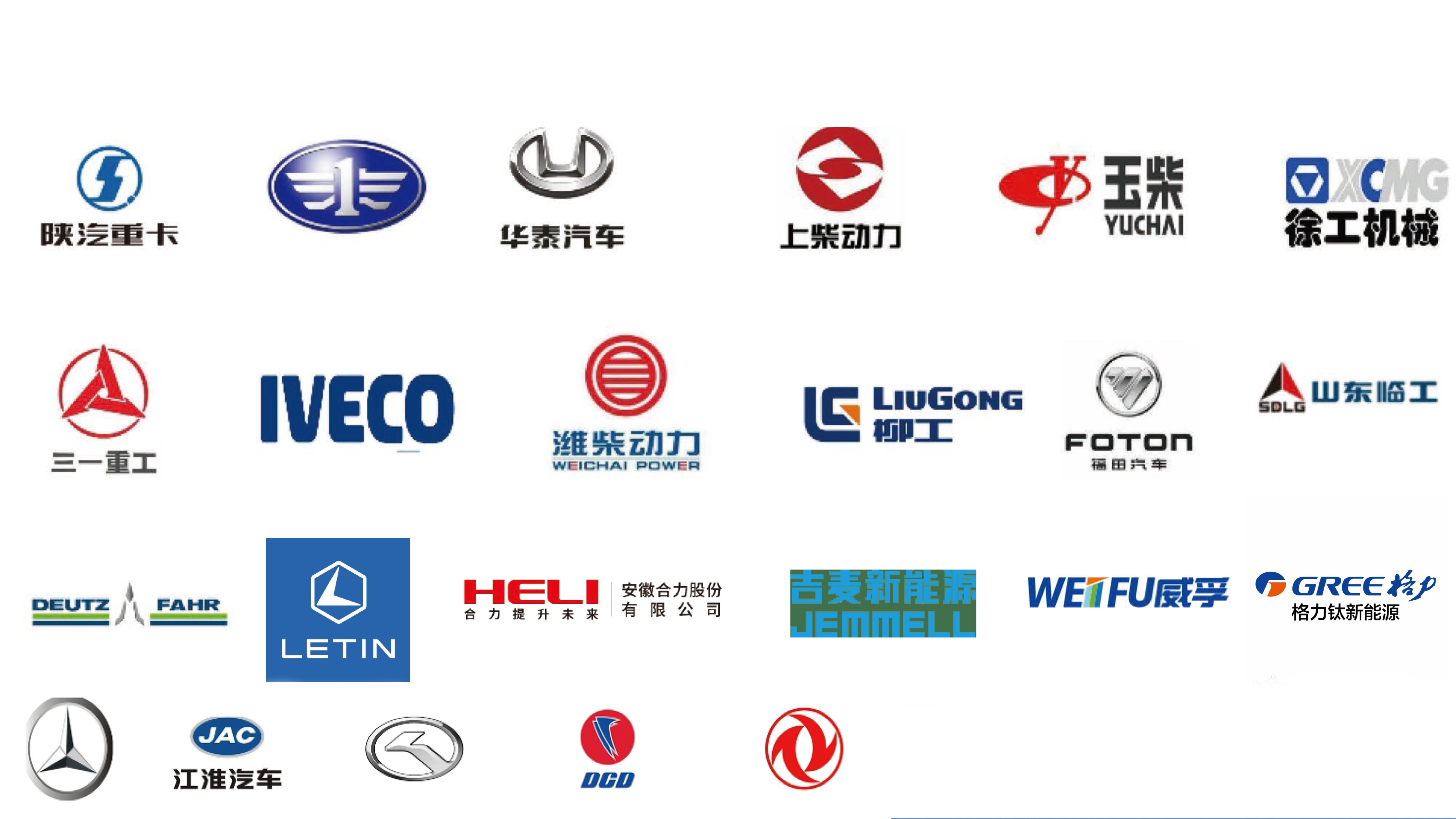Logos of commercial vehicle, engineering machinery and equipment brands from the industries that use Yawei automotive electronic control components, including Shaanxi Heavy Truck, FAW, SAIC, Yuchai, XCMG, SANY, IVECO, Weichai Power, LiuGong, Foton, SDLG, Deutz-Fahr, Heli, Weifu, JAC and Dongfeng